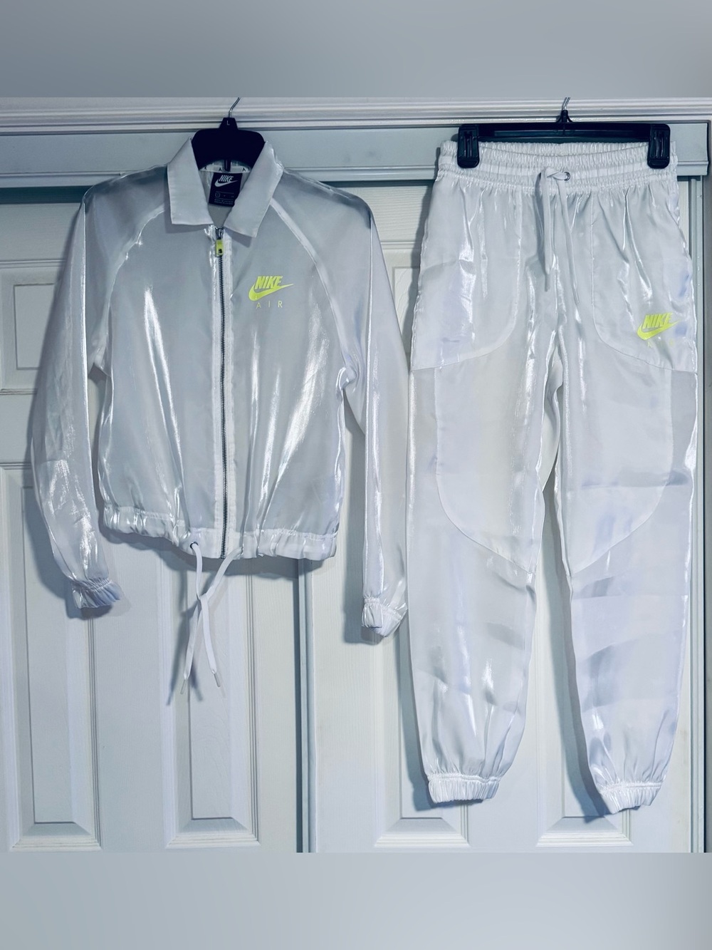 Nike White Sheer Zip Jacket and Jogger Pant Set with Neon Yellow Logo